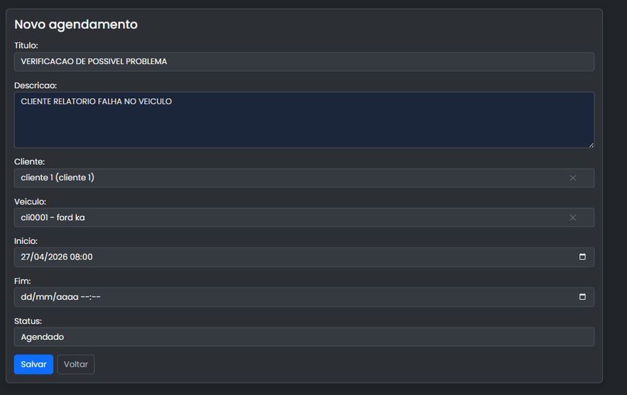 Cadastro de agendamento no MecaPulse